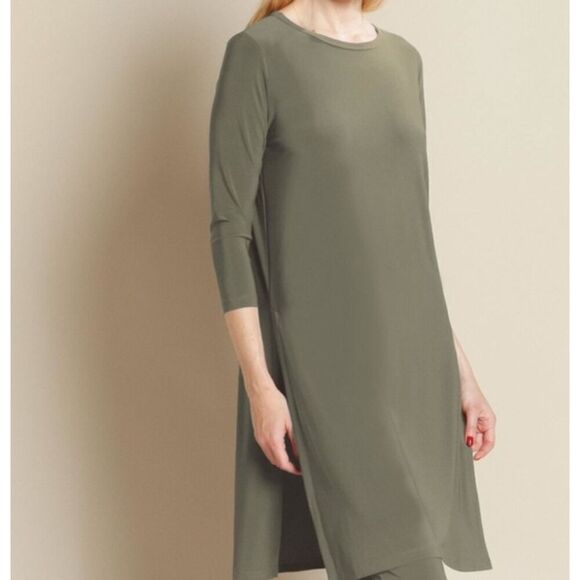 Clara Sun Woo Long Tunic Olive Green Side Slits Breezy 3/4 Sleeve Size Medium - Picture 1 of 12